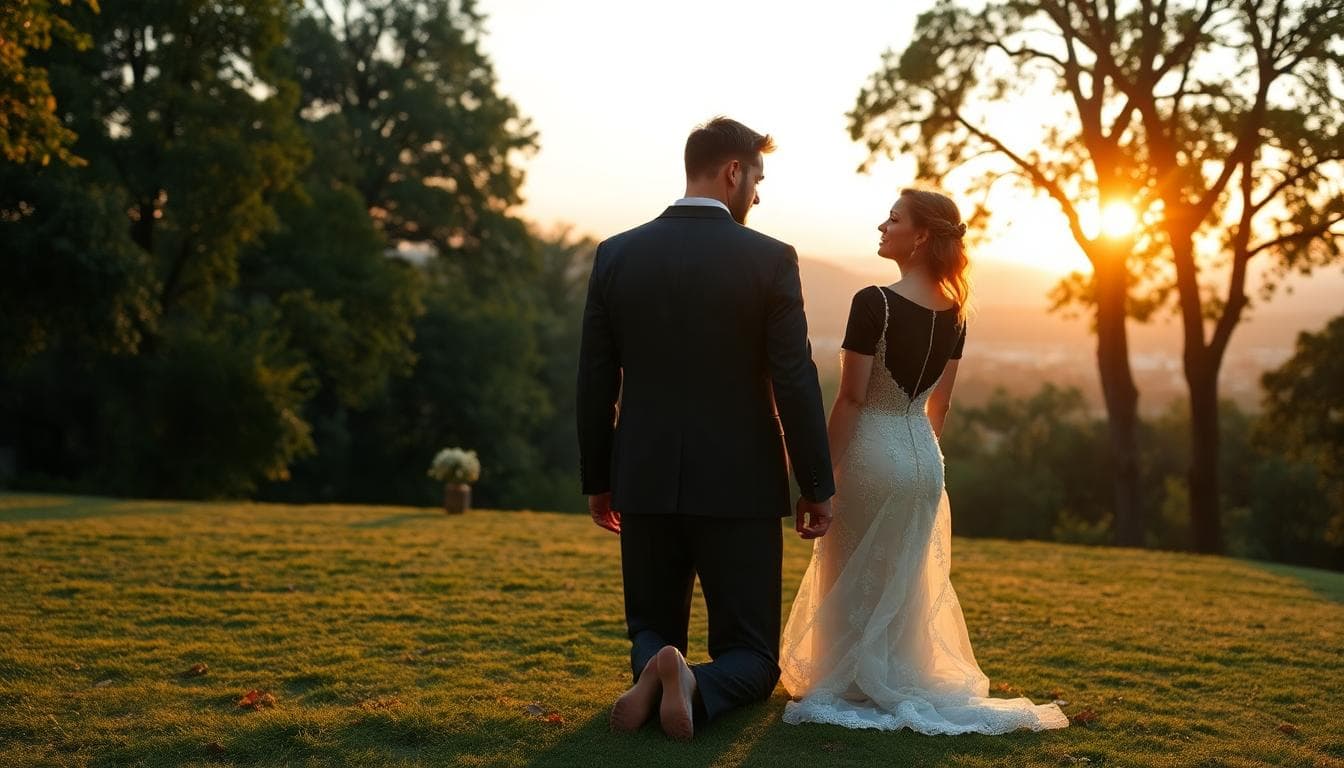 Demande en mariage au belvédère, lumière dorée et ambiance bohème, image créée avec IA
