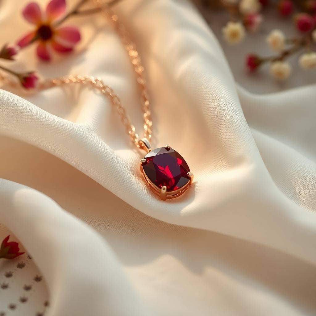 Une image romantique d'un collier de rubis élégant posé sur un tissu de dentelle fluide blanche, symbolisant l'amour durable et passionné. La gemme rouge intense brille sous une lumière douce, avec un fond bohème subtil incluant des fleurs sauvages et des éléments vintage.