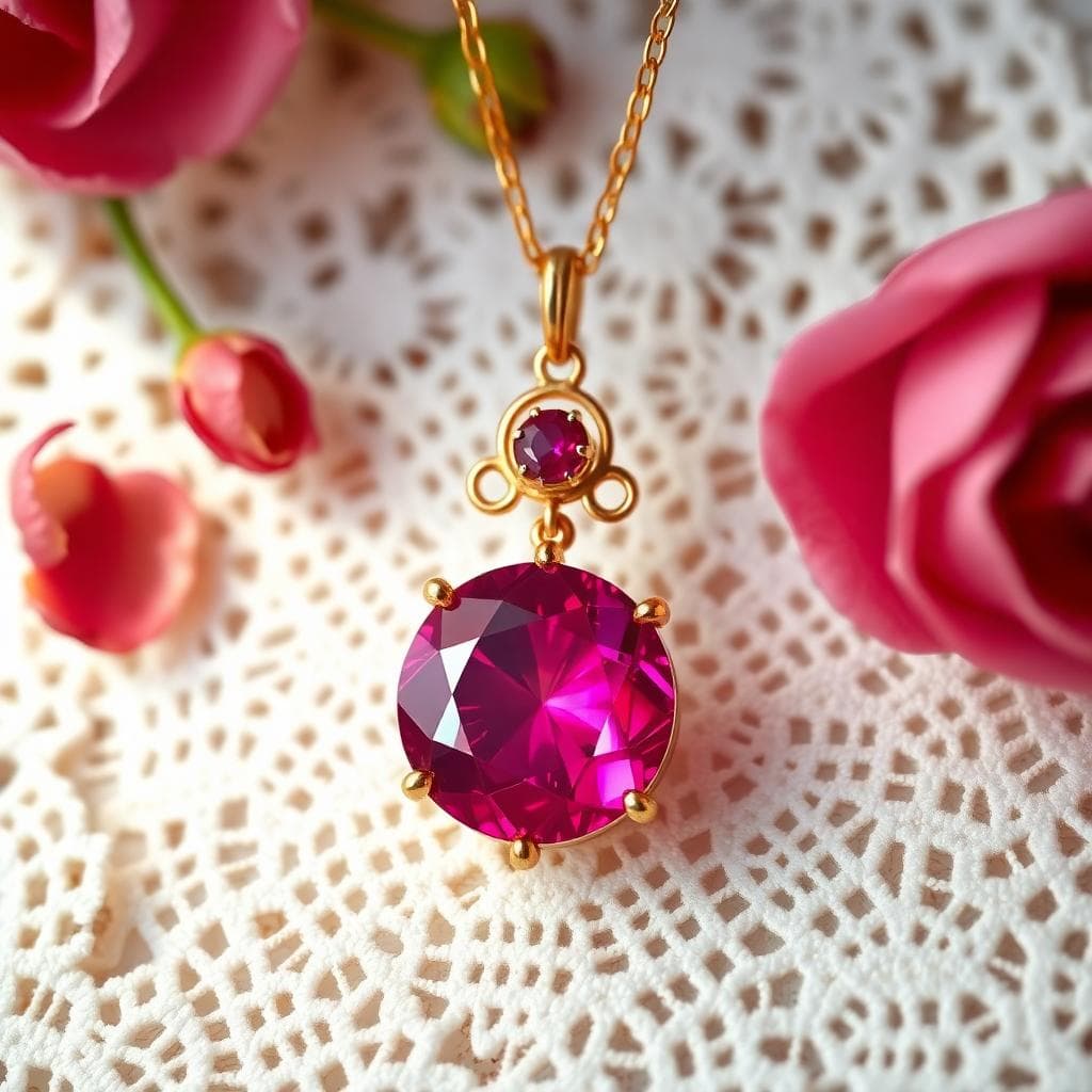 Un pendentif romantique en rubis suspendu à une chaîne fine en or, avec un design floral bohème subtil, posé sur un collier contre un fond de dentelle blanche et de pétales de roses corail. L'image montre l'éclat éternel du rubis sous une lumière naturelle douce, dans un style photographique intime et poétique, symbolisant l'amour pour les noces de rubis.