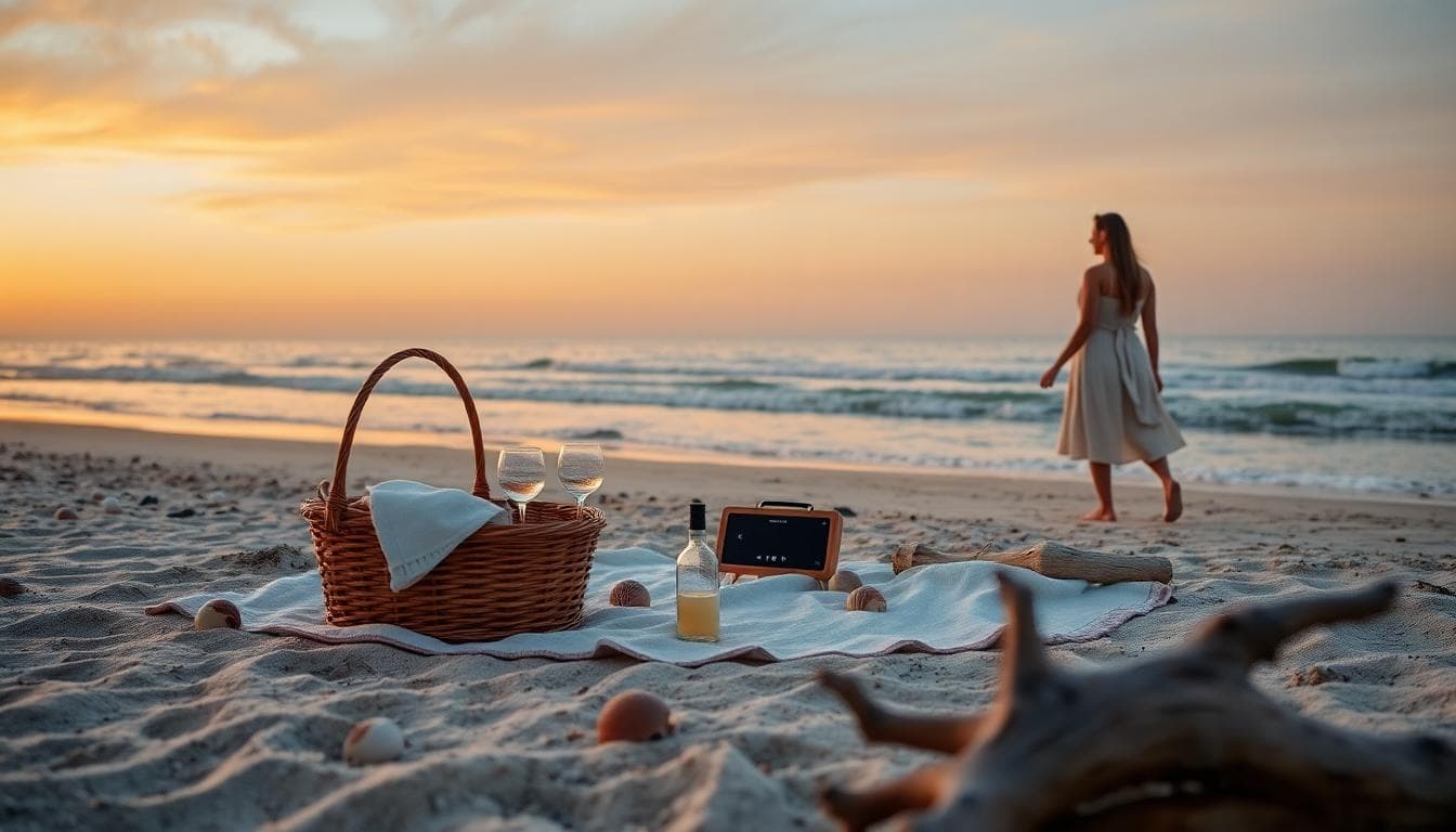 Romantic beach at sunset with a chic picnic setup, a message in a bottle nearby, and a bohemian couple walking by the ocean.