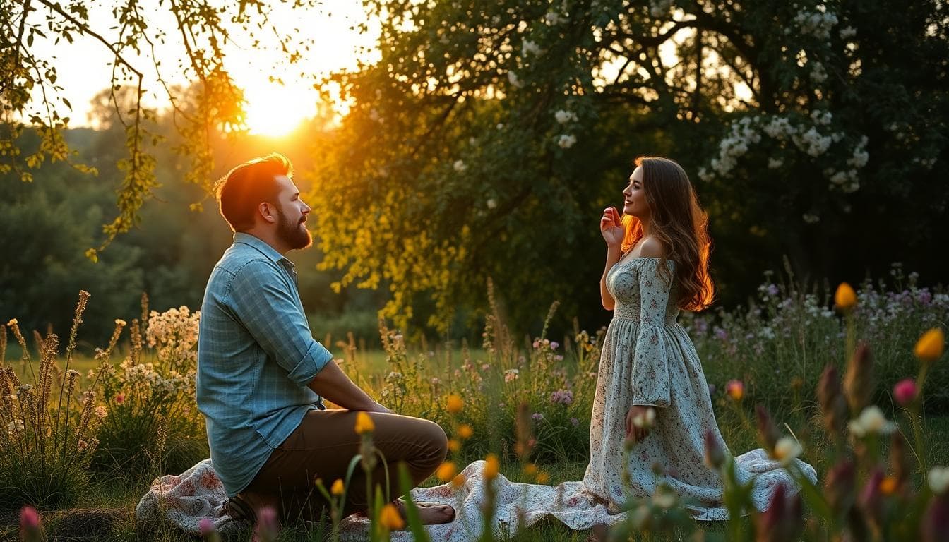 Demande en mariage au coucher du soleil, ambiance bohème et naturelle, image créée avec IA