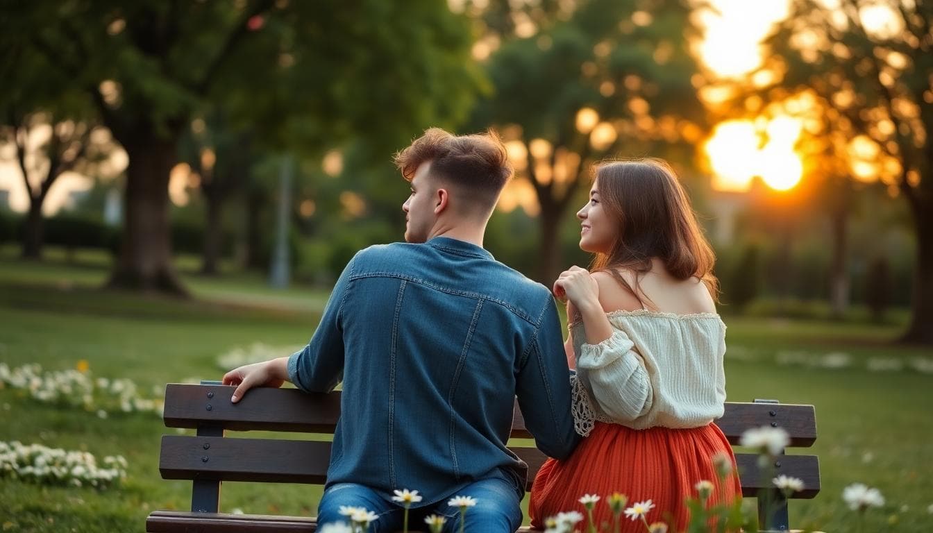 Couple assis sur un banc au coucher du soleil, moment intime et réfléchi