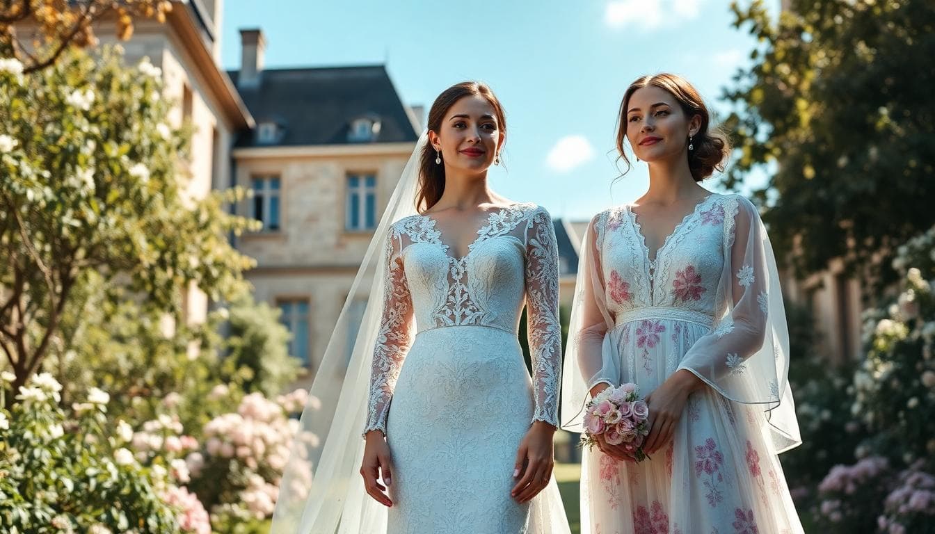 Mariée royale et mariée bohème côte à côte dans un cadre de château fleuri, robes détaillées et ambiance élégante