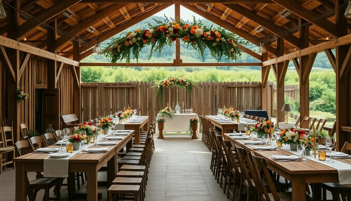 Décor champêtre en grange, arche fleurie de saison, tables en bois et lumière douce
