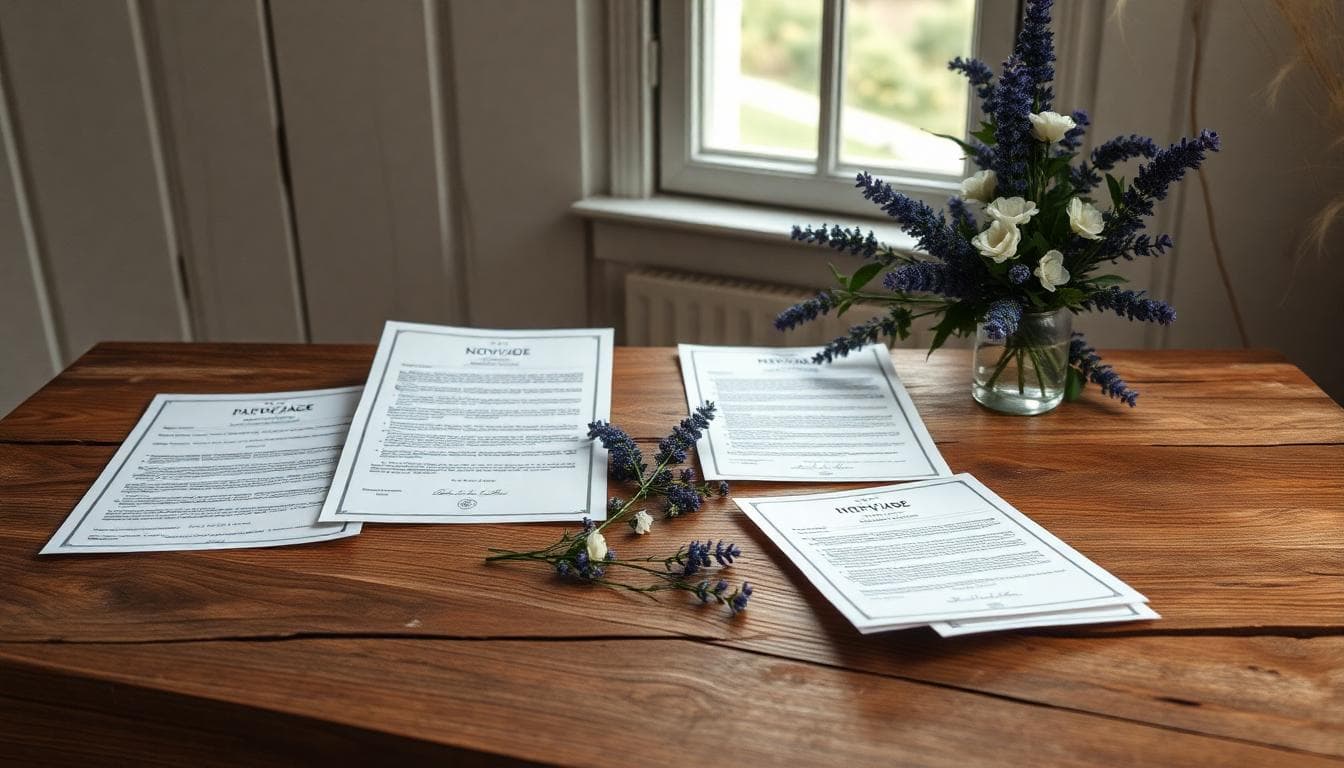 Documents officiels de mariage sur une table en bois au style bohème, avec fleurs sauvages et lumière naturelle