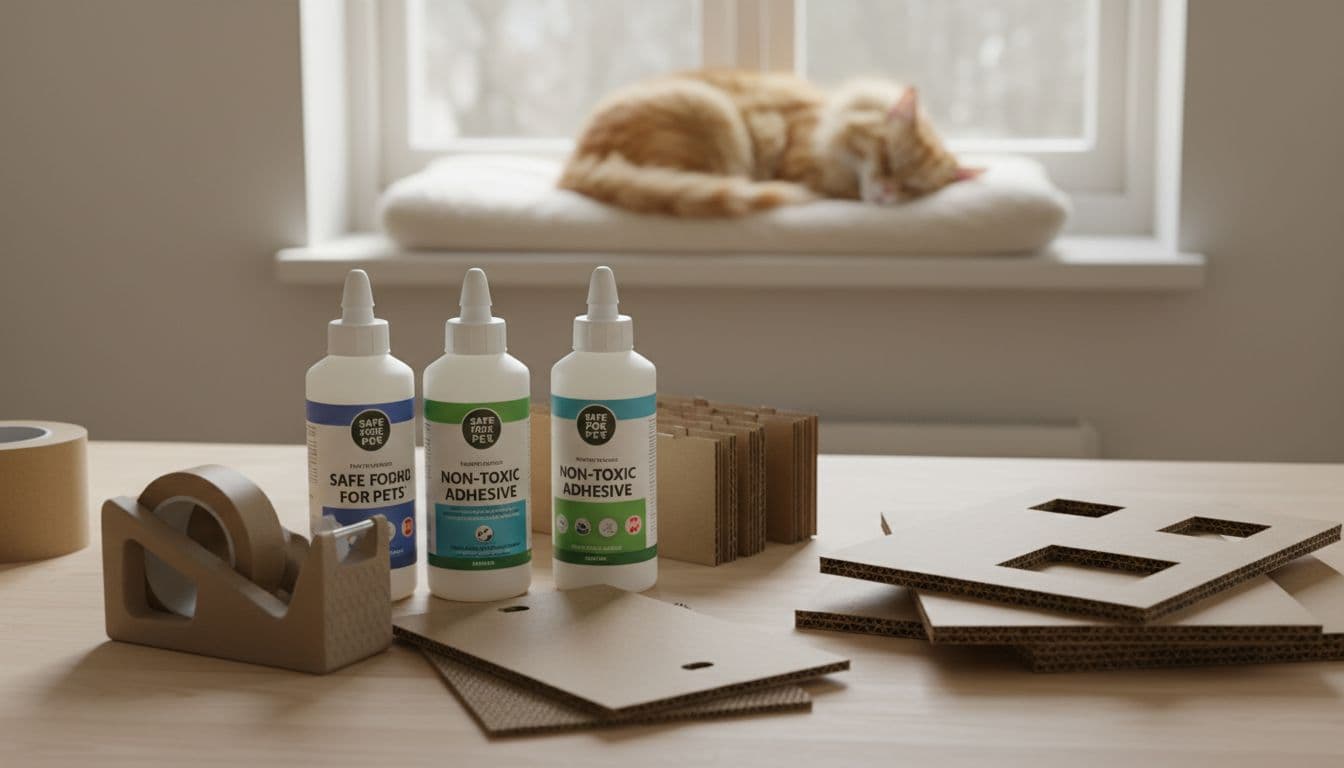 Secure tools for DIY cat tree including non-toxic glue, tape, and reinforced cartons in a bright Scandinavian-style home workshop, with a cat sleeping peacefully in the distance.