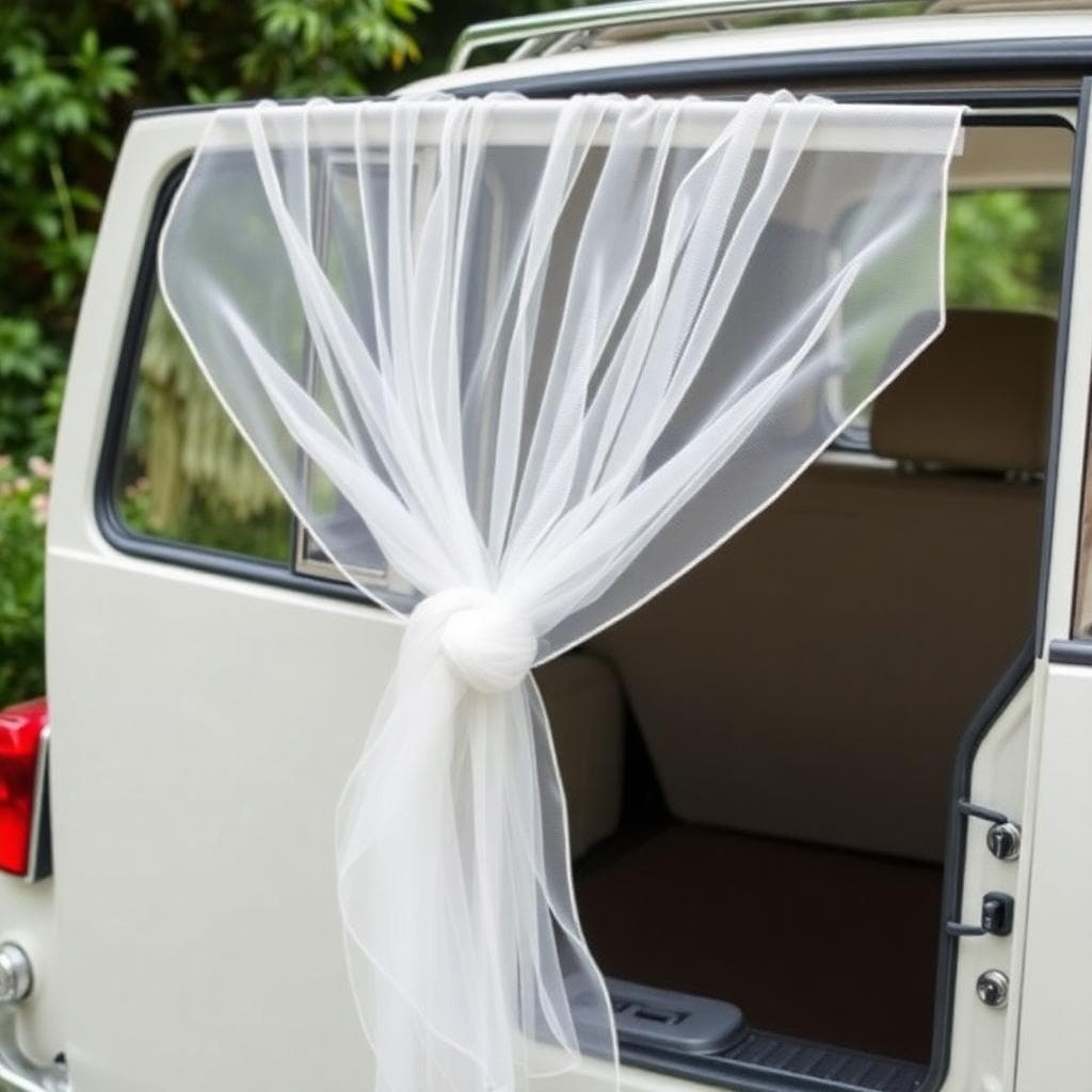Nœud simple en organza sauge sur poignée de voiture, version légère et rapide, fixé sans gêner l'ouverture, style bohème.
