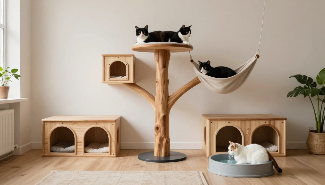 In a bright, cozy 50m² Scandinavian apartment, a black cat and a white cat coexist peacefully with a designer wooden cat tree featuring perches, tunnels, and hammocks, separate feeding stations, hidden litter boxes, and minimalist decor.