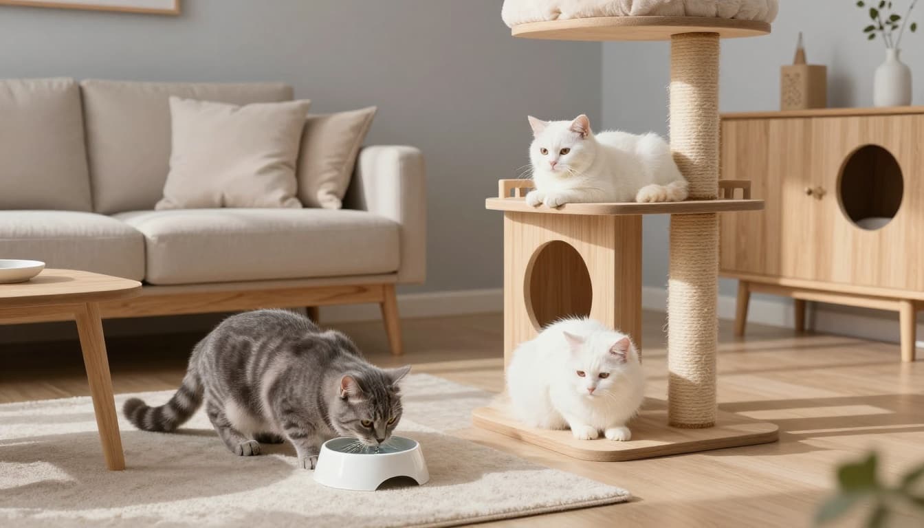 In a bright modern Scandinavian living room with minimalist decor, a sleek gray tabby cat drinks from a water bowl while a fluffy white cat rests on a wooden cat tree. The scene captures a calm, elegant mood with natural daylight and soft shadows.