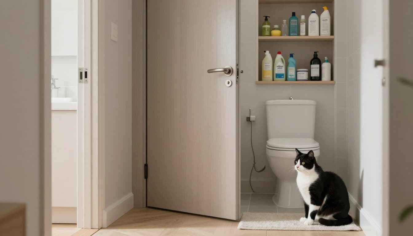 A modern Scandinavian bathroom door slightly ajar shows a safe, organized space with cleaning products stored high and no hazards. A calm black and white cat waits patiently on a soft mat in the hallway under bright natural light.