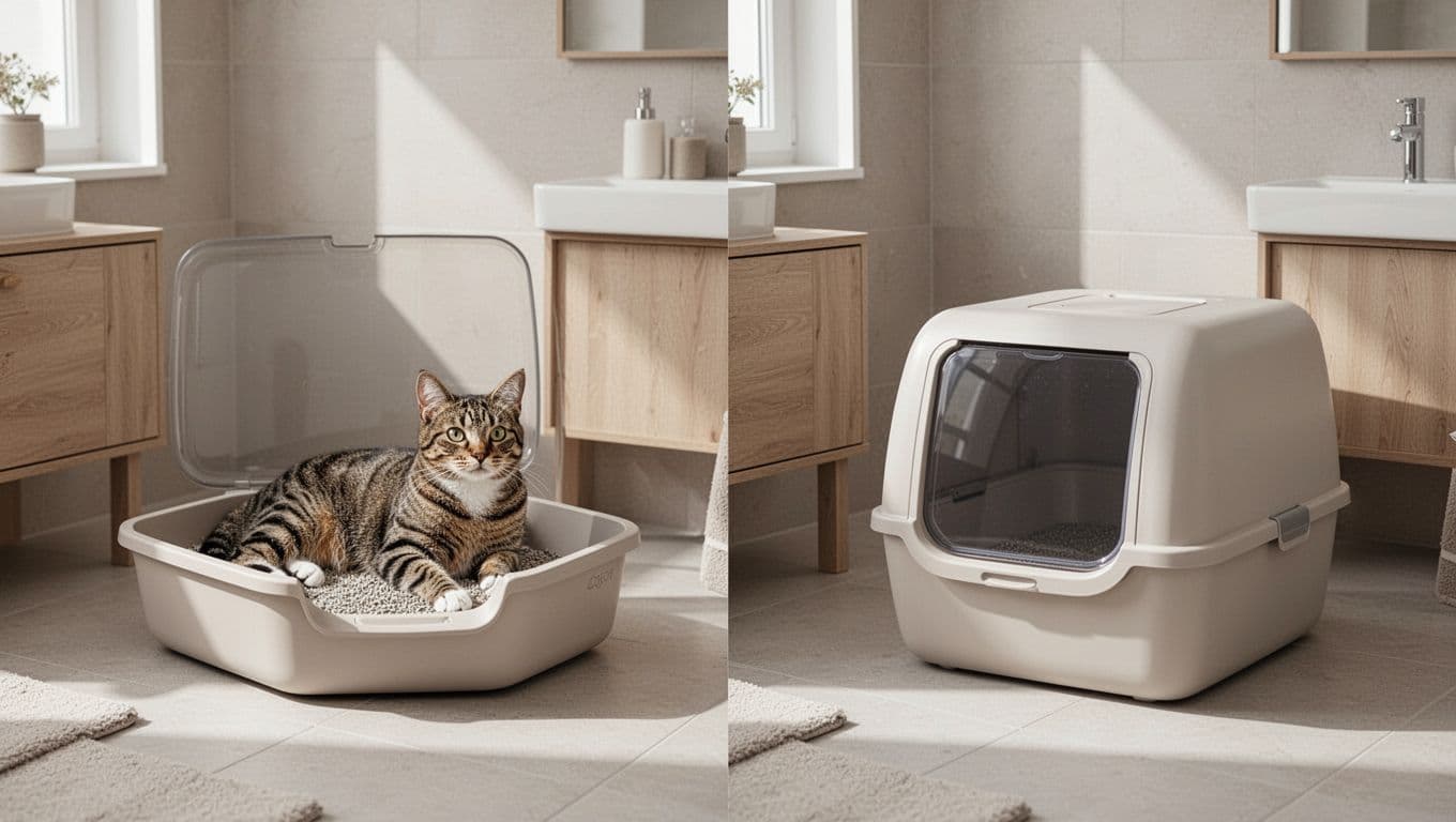 Premium lifestyle photo in a minimalist Scandinavian bathroom showing a side-by-side comparison of an open litter box with a relaxed tabby cat and an empty closed litter box.