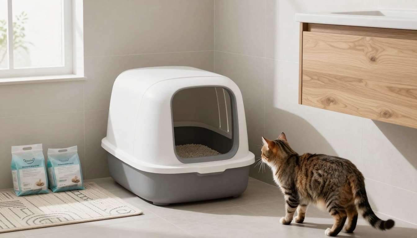 Premium lifestyle photo of a sleek litter box setup in a cozy modern Scandinavian bathroom with clean clumping litter, stylish mat, discreet waste bags, and a curious adult cat approaching.