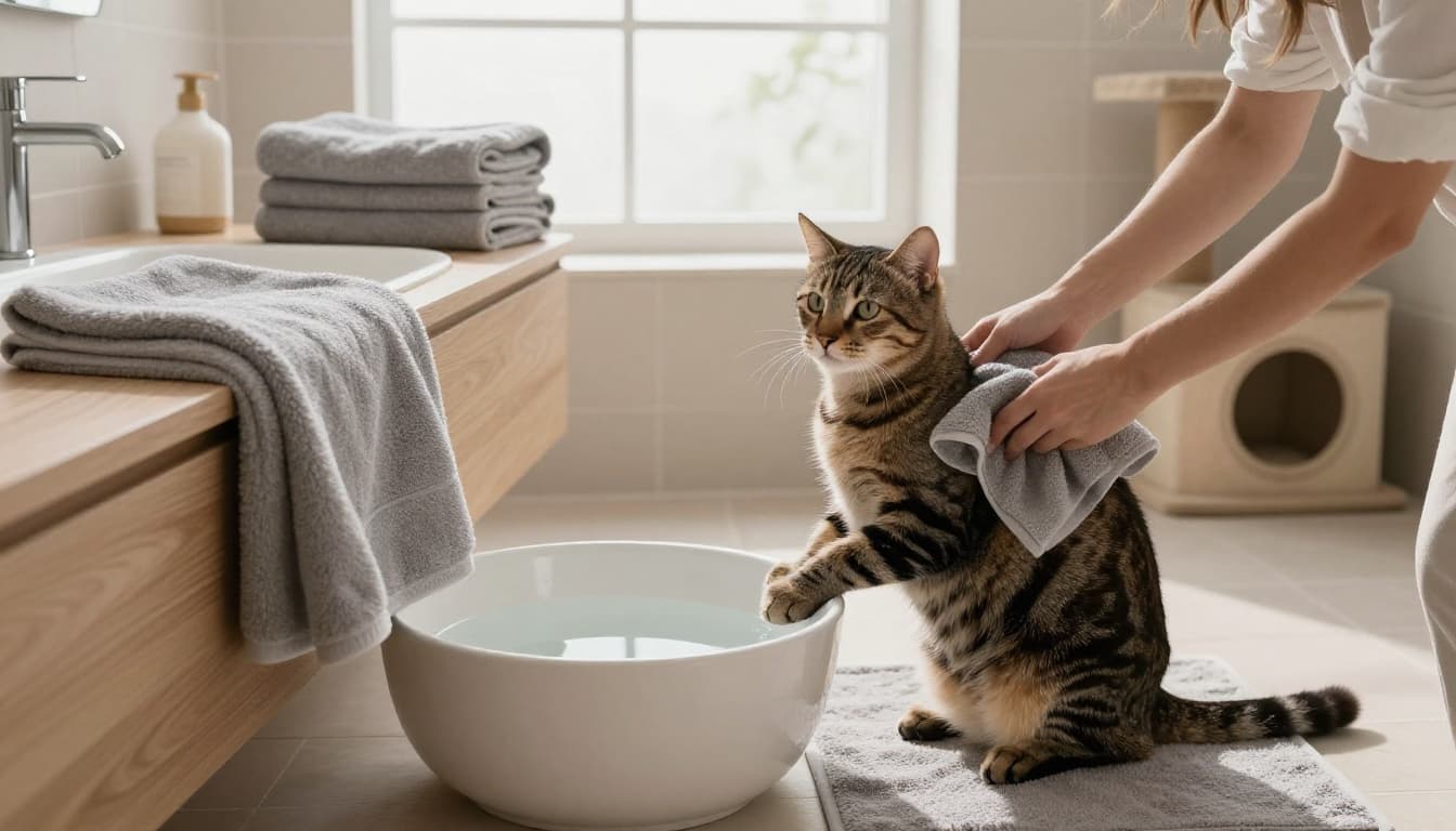 In a bright minimalist Scandinavian bathroom with neutral tones and natural light, a calm tabby cat relaxes on a non-slip mat as its owner gently cleans its paw with a damp cloth near a shallow basin. Cozy details include folded towels, light wood vanity, and an elegant cat tree in the background.