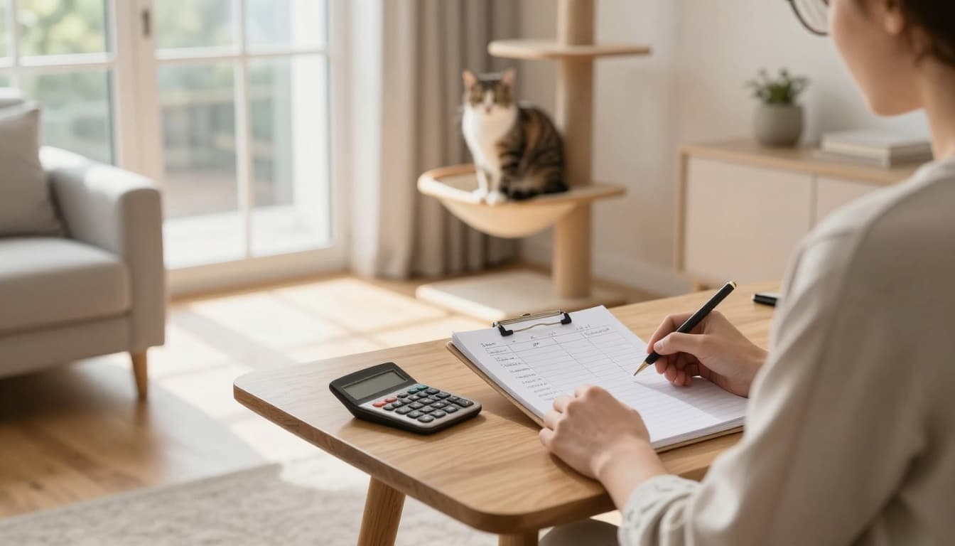 Relaxed owner at wooden table with cat budget notepad and calculator in bright minimalist Scandinavian living room, beautiful adult cat lounging on premium wooden cat tree.