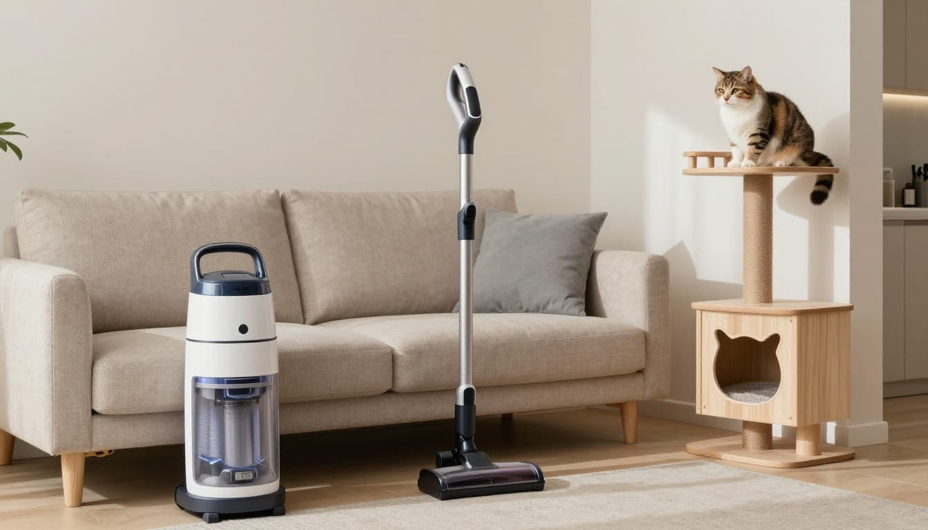 A modern Scandinavian living room illustrates limiting irritants for cats with a HEPA filter vacuum near a washable beige sofa, a clean low-dust litter box in a ventilated corner, and a domestic cat resting peacefully on a premium wooden cat tree perch.