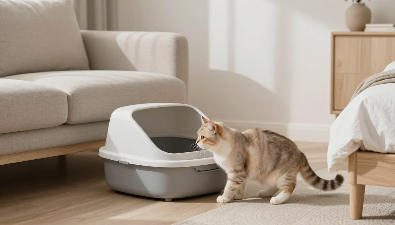 In a bright, minimalist Scandinavian living room with neutral tones, an elegant cat shows litter box avoidance by hesitating, scratching around it without entering, and miaowing uncertainly.