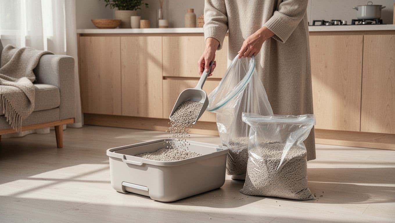 In a bright, minimalist Scandinavian kitchen with neutral tones and natural light, relaxed hands scoop used litter from a clean open litter box into a closed bag, with fresh litter nearby, highlighting easy hygiene maintenance.
