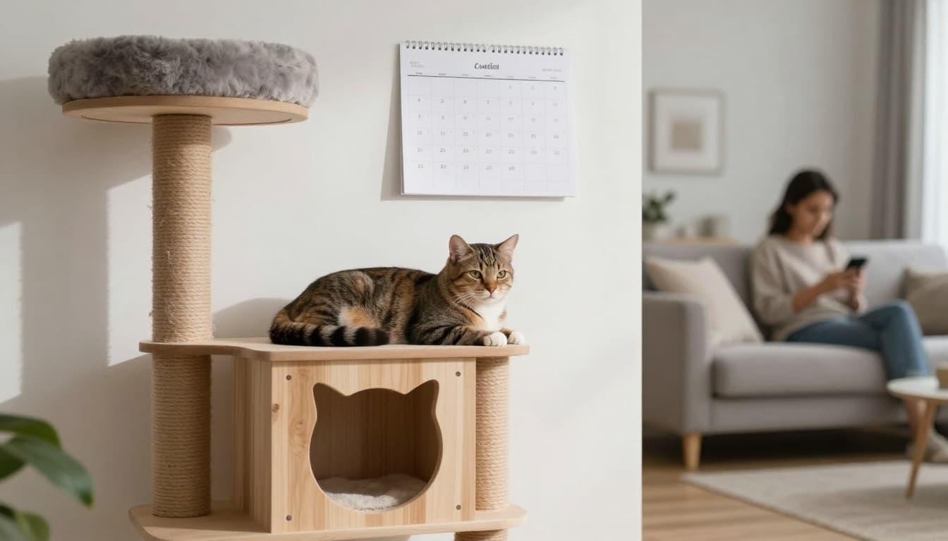 Premium lifestyle photography of a minimalist Scandinavian modern living room with bright natural light, cozy atmosphere, and neutral tones. A calm adult cat rests on a stylish wood cat tree near a wall calendar marked with subtle pet care dates like deworming, owner in soft-focus background.