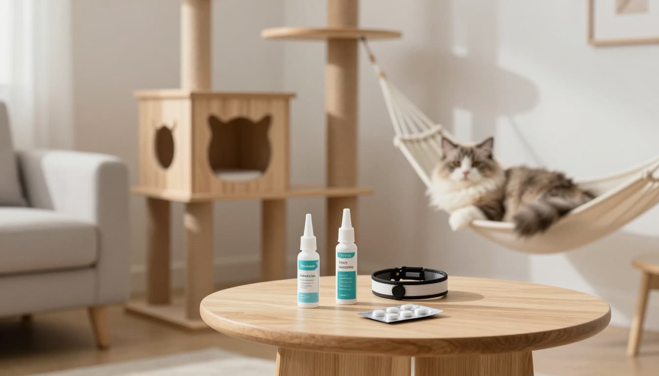 Bright Scandinavian minimalist living room featuring elegant wooden cat tree and neatly arranged cat antiparasitic products like flea pipette, collar, and tablets, with a relaxed fluffy cat.