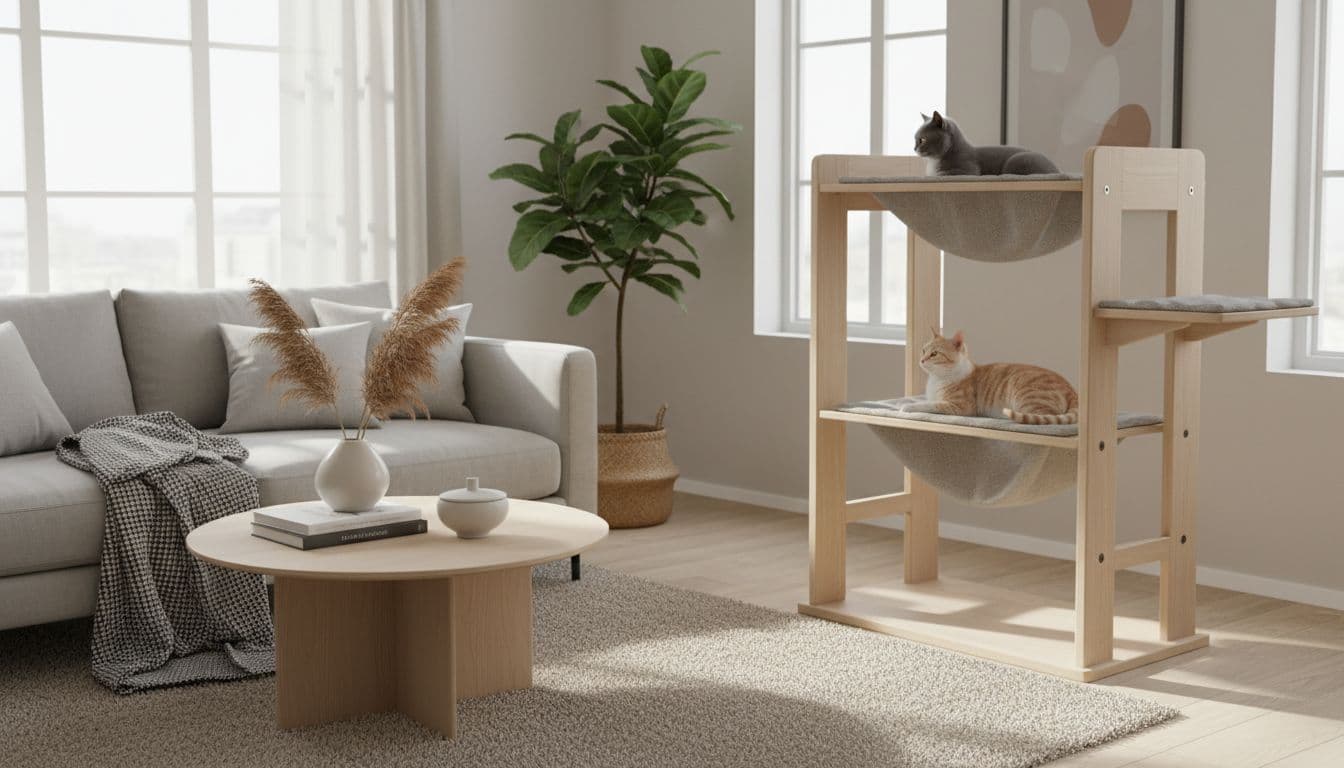 Bright Scandinavian modern living room features a sturdy premium cat tree with platforms and hammocks, where a gray cat and a tabby cat rest calmly at different heights. Minimalist cozy decor in neutral beige, light wood, and soft grey tones creates a warm, elegant atmosphere with natural light and soft depth of field.