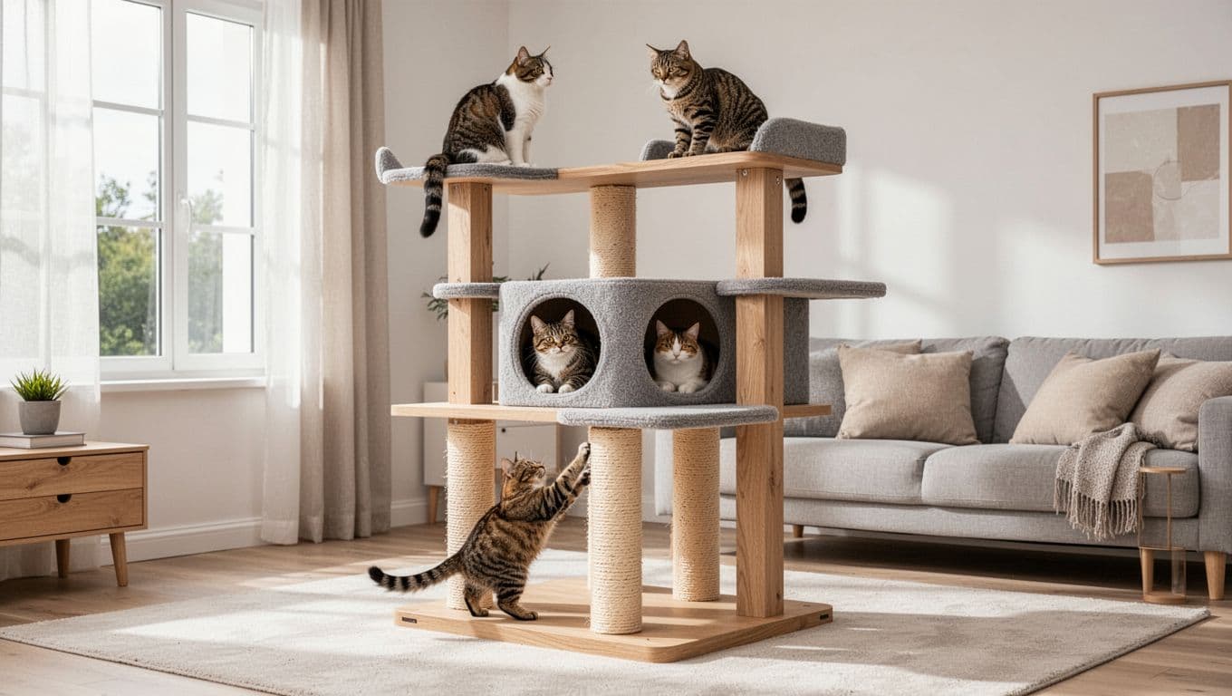 Modern Scandinavian living room showcasing a large premium cat tree integrated seamlessly into the minimalist decor with light wood elements and soft grey beige accents. Exactly three cats enjoy the tree: one on the top platform by the window, one in the hideaway cubby, and one scratching the sisal post.