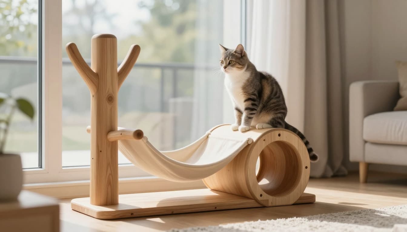 An independent-tempered cat observes through a window in a bright and cozy Scandinavian living room. Features a design wooden cat tree with hammock and tunnels integrated into the minimalist decor, abundant natural light, neutral colors, calm and serene mood.