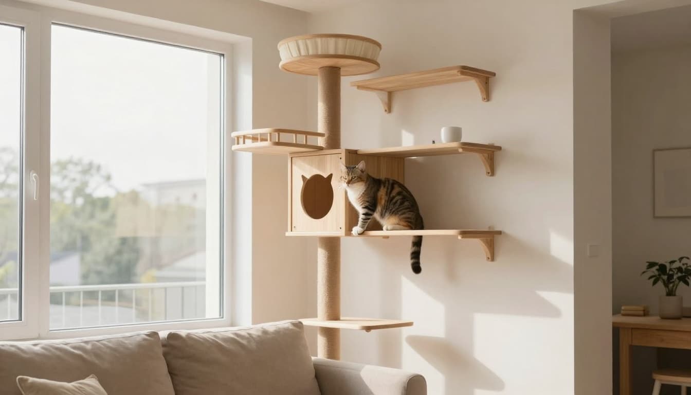 Premium lifestyle photo of a happy cat resting on a sturdy wooden cat tree integrated with shelves in a bright, minimalist 30sqm Scandinavian apartment with neutral tones and natural light.