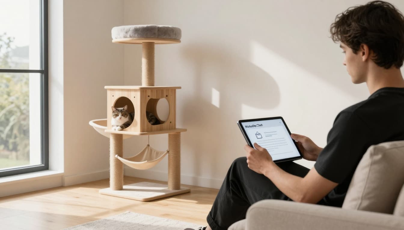 Thoughtful owner on beige sofa checks 'Mutuelle Chat' insurance quote on tablet, elegant cat lounges on premium wooden cat tree in bright minimalist Scandinavian interior with natural light.