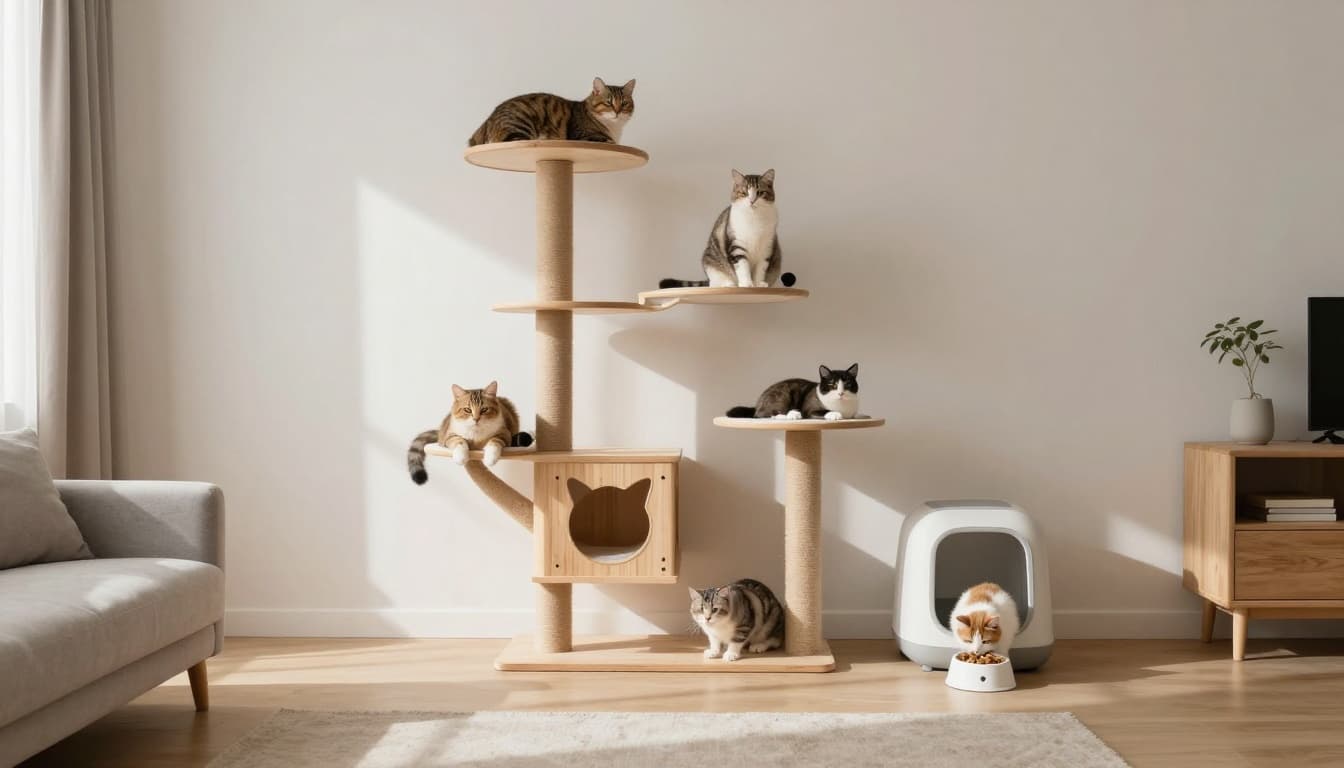 Modern spacious Scandinavian living room bathed in bright natural light, featuring minimalist decor in neutral tones and multiple cats happily using a sturdy wooden cat tree for resting, playing, eating, and litter zones, emphasizing harmony and vertical space utilization.