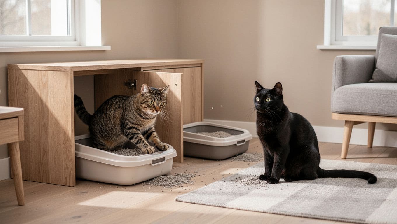In a cozy Scandinavian interior with light wood and neutral tones, a tabby cat paws patiently at an open litter box while a black cat sits alert nearby, subtly indicating litter box stress amid serene natural light.