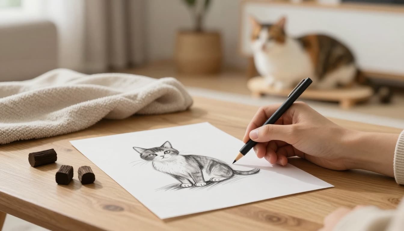 In a luminous minimalist Scandinavian interior with soft natural light and neutral tones, a wooden coffee table holds natural charcoal sticks, a textured paper featuring a detailed cat sketch with furry volume and shadows, and a soft cloth. Blurred background shows a cat playing on a stable Meowood cat tree.