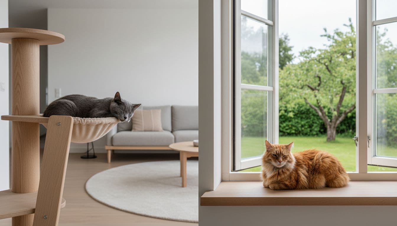Bright premium Scandinavian room with minimalist light wood, beige, and gray decor. Elegant indoor cat sleeps on wooden cat tree; semi-free cat rests by open window with green view. Realistic lifestyle photo with natural light and soft focus on cats.
