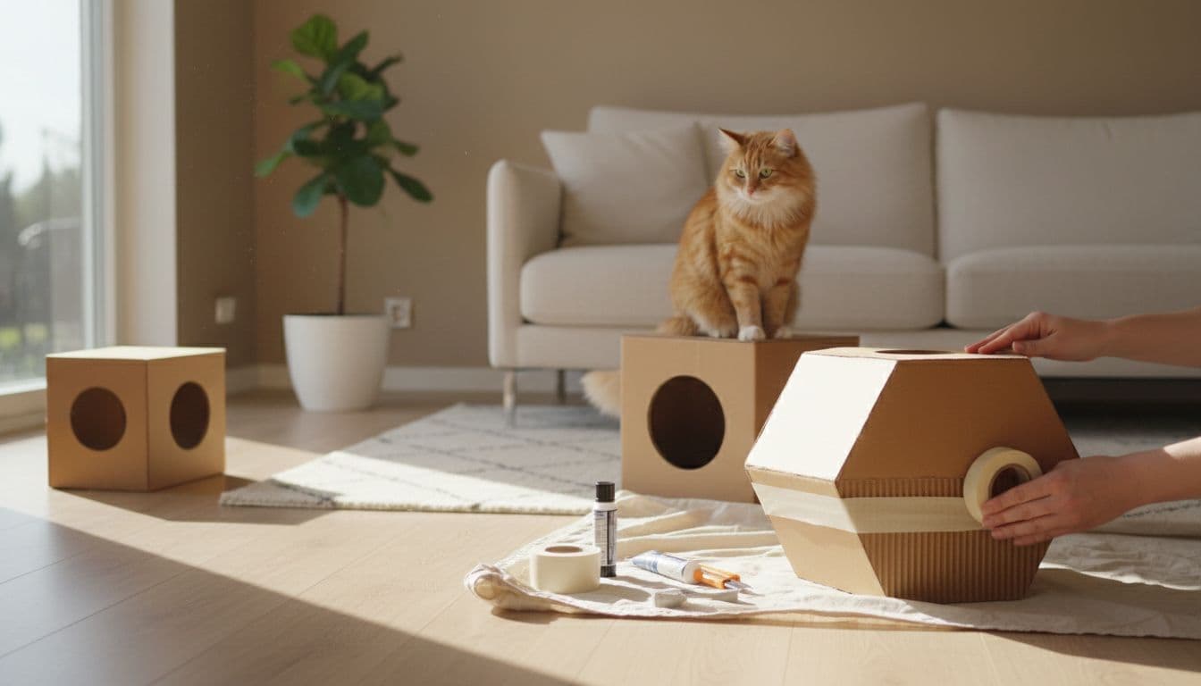 Step-by-step DIY construction of a modular stacked cardboard cat tree in a bright Scandinavian living room with minimalist decor and a curious cat watching.