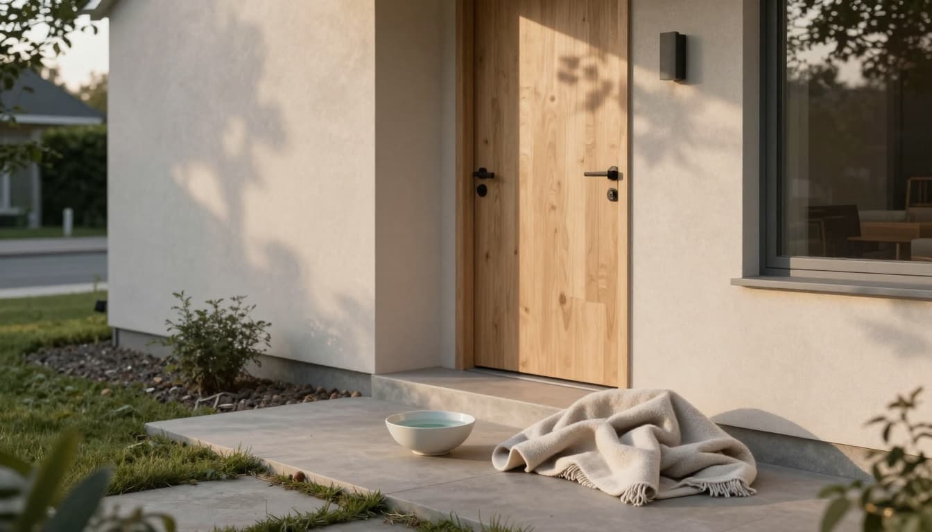 A small bowl of fresh water and familiar smelling blanket near the entrance of a modern Scandinavian-style house in a minimalist garden, bathed in soft evening light for a cozy atmosphere.