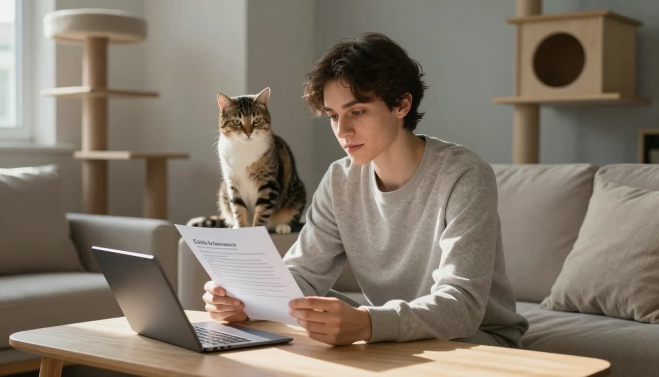 In a luminous minimalist Scandinavian living room, a confident person sits on a modern sofa examining insurance documents or a tablet, with a curious cat perched on the armrest watching attentively amid neutral tones and natural light.