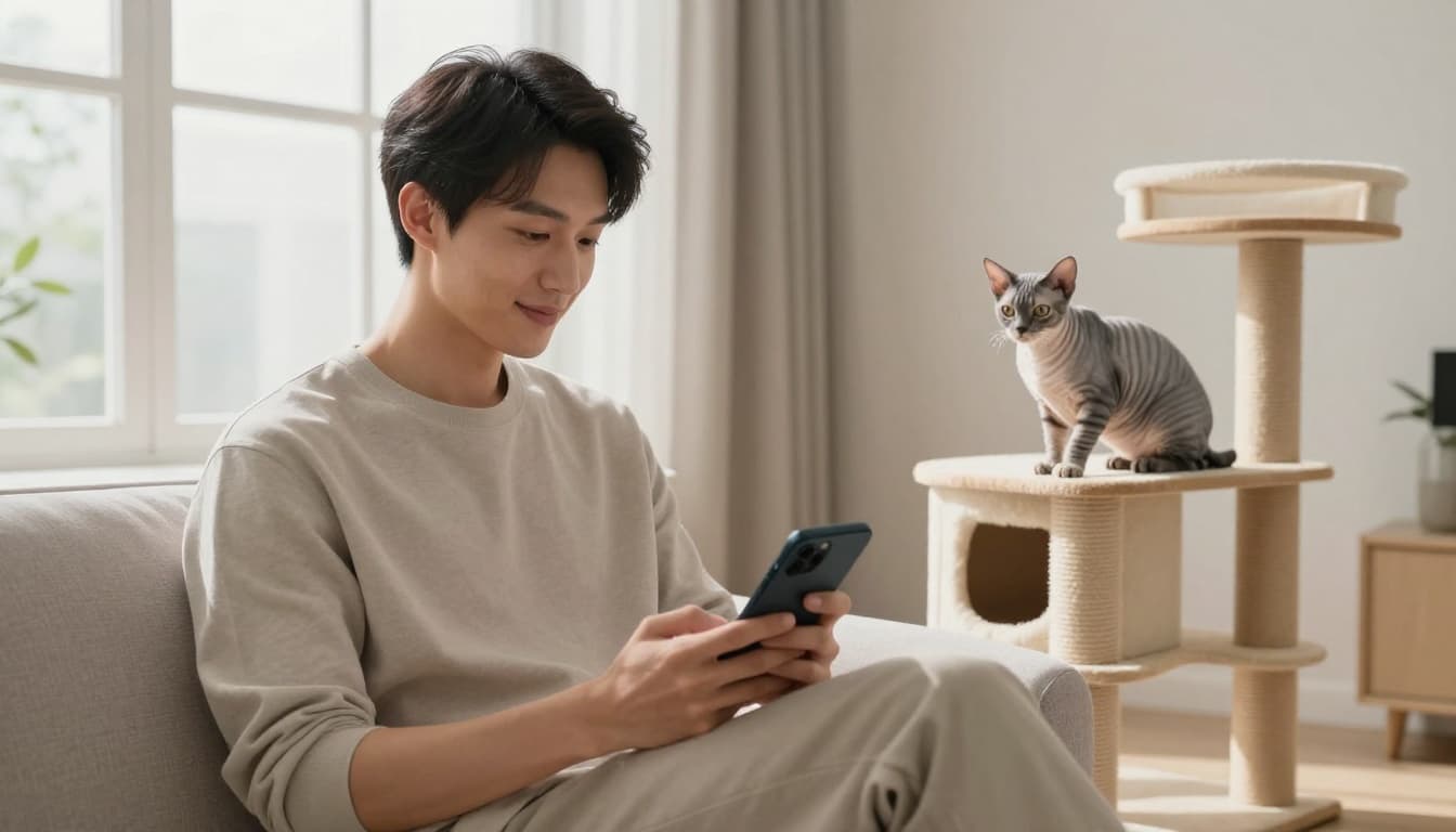 Premium lifestyle photo of a minimalist Scandinavian living room where a relaxed owner smiles slightly while holding a phone, and a calm post-sterilization cat lounges on a premium stable cat tree amid warm natural light.