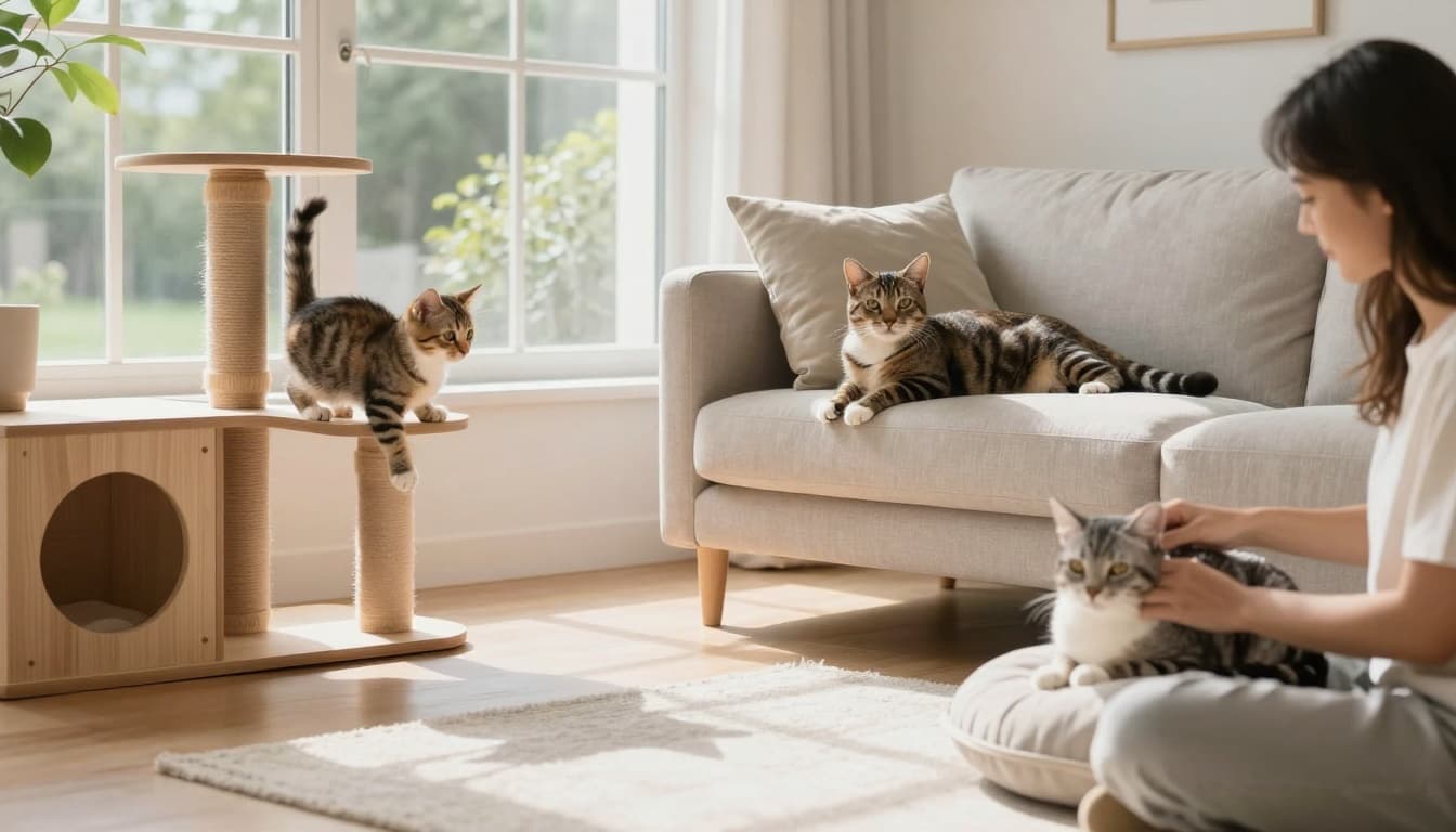 Premium lifestyle photography in a bright Scandinavian interior with a playful kitten on a cat tree, elegant adult cat on sofa, senior cat on cushion, and owner petting the adult cat amid minimalist decor.