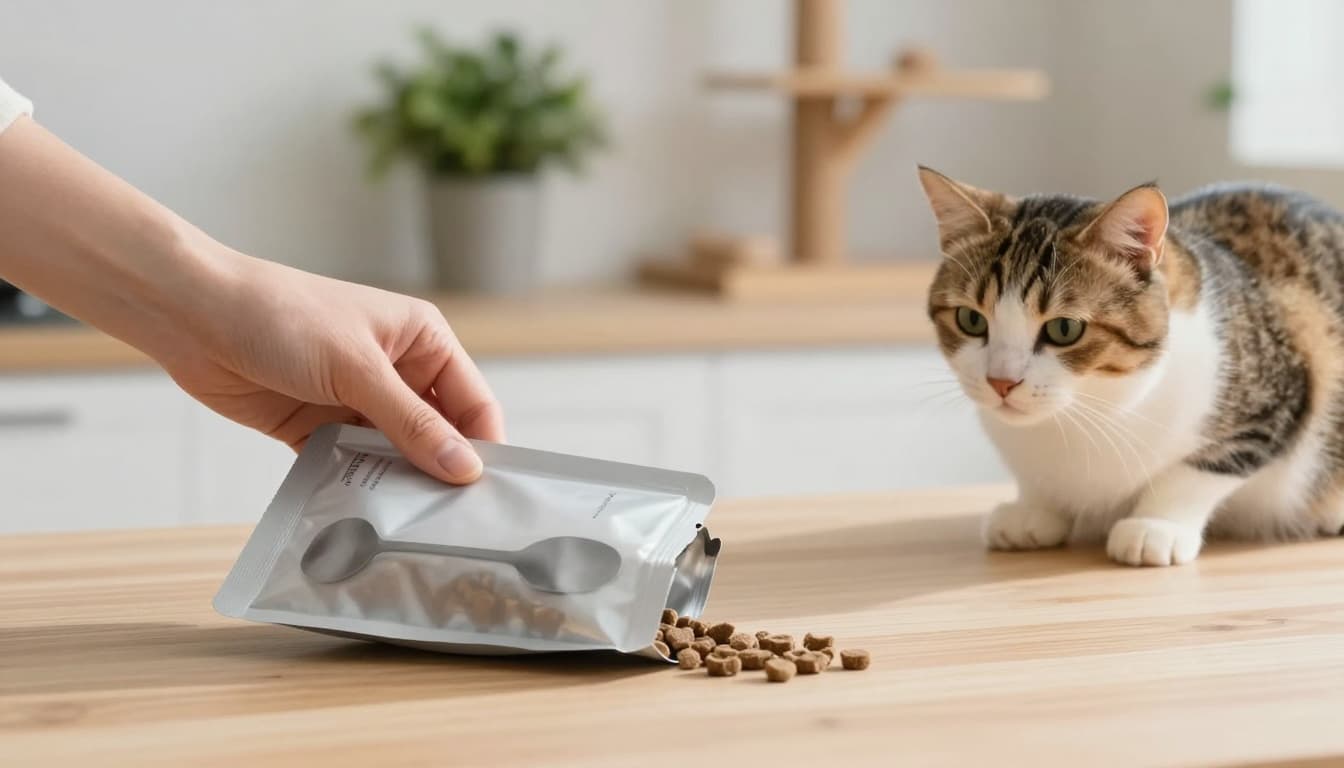 In a luminous Scandinavian kitchen with light wood and neutral stone counters, a hand holds an open cat kibble bag displaying a tilted, blurry weight-based feeding chart in grams, while a curious cat watches closely on the table amid minimalist plants and a wooden cat tree.