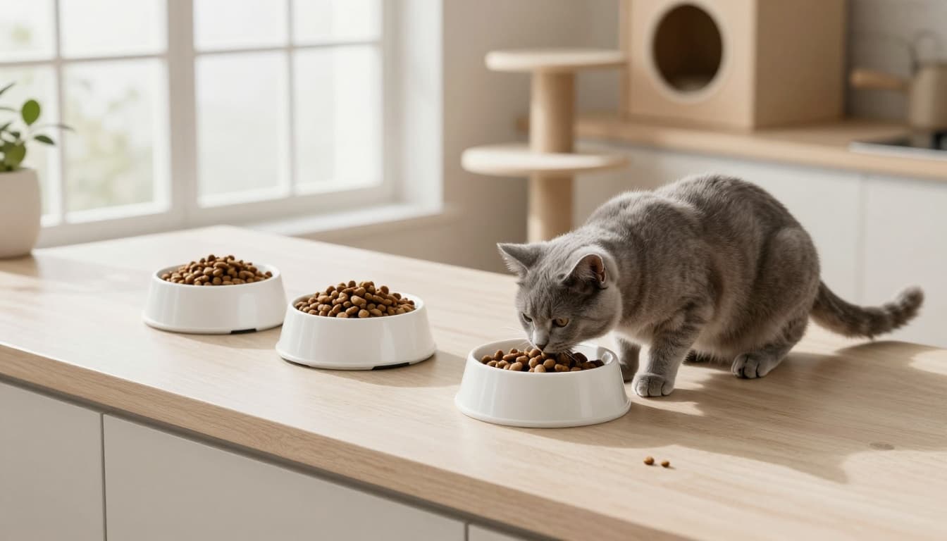 Bright minimalist Scandinavian kitchen with three white bowls containing 20g dry cat kibble for morning, midday, and evening meals beside an anti-glouton slow-feed bowl. Elegant gray sterilized cat eats slowly, with modern Meowood cat tree in the neutral-toned background.