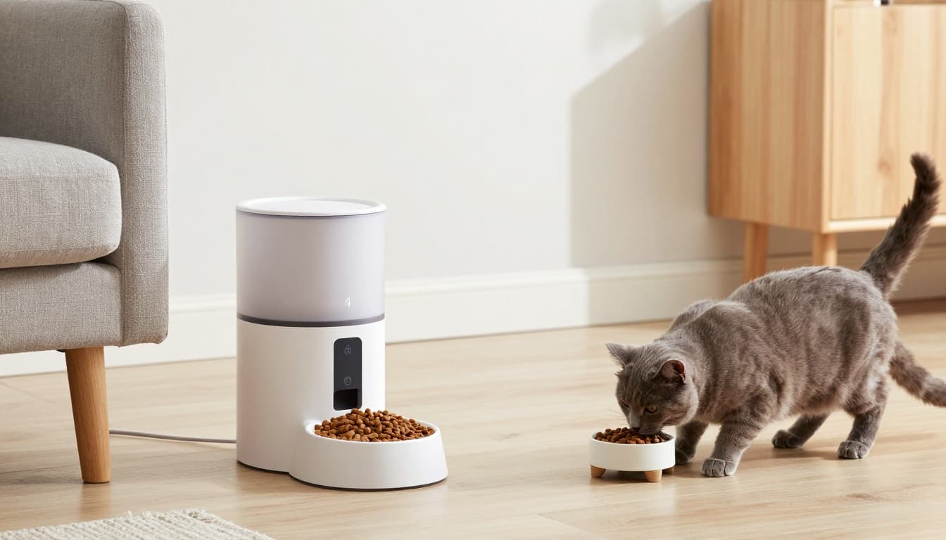 Bright minimalist Scandinavian living room with an automatic cat food dispenser releasing kibble into a bowl on a side table, and a cat playing with slow feeder and puzzle toy on the floor.
