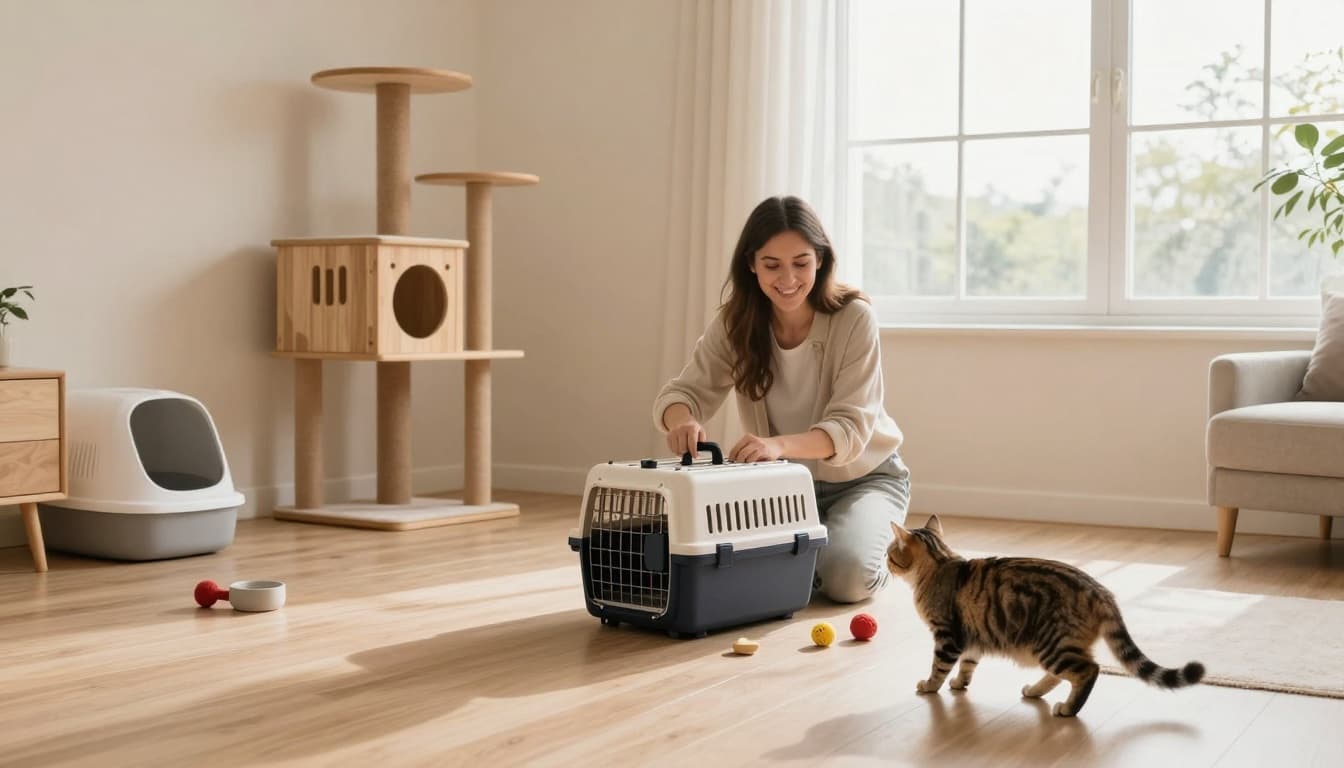 In a bright Scandinavian living room with light wood floors and large windows, a happy owner unpacks a new cat carrier while a curious cat explores nearby amid minimalist decor including a wooden cat tree and toys.