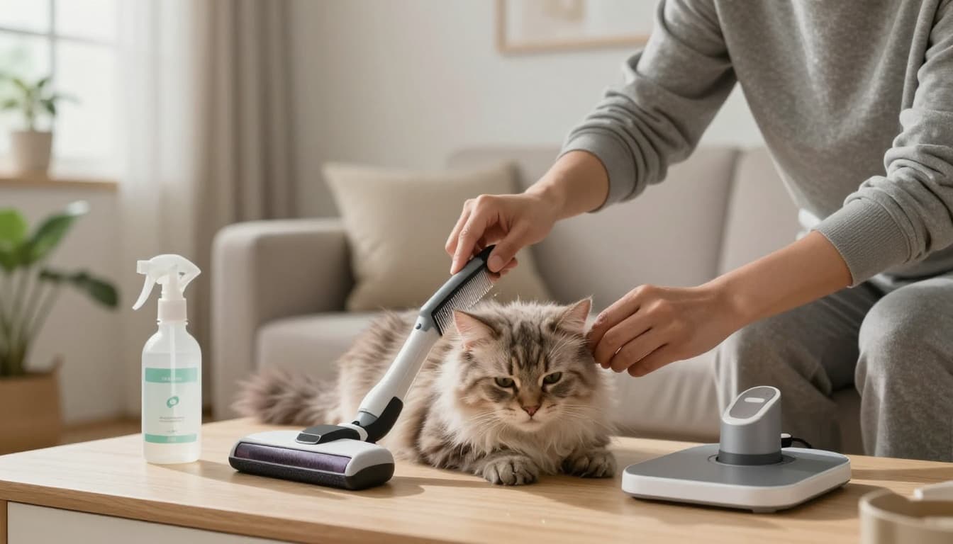 In a modern Scandinavian living room, a person gently combs a fluffy cat's fur for fleas on a light wood surface amid neutral tones and natural light. Nearby tools like a spray bottle and vacuum emphasize care and cleanliness in this cozy, minimalist setting.