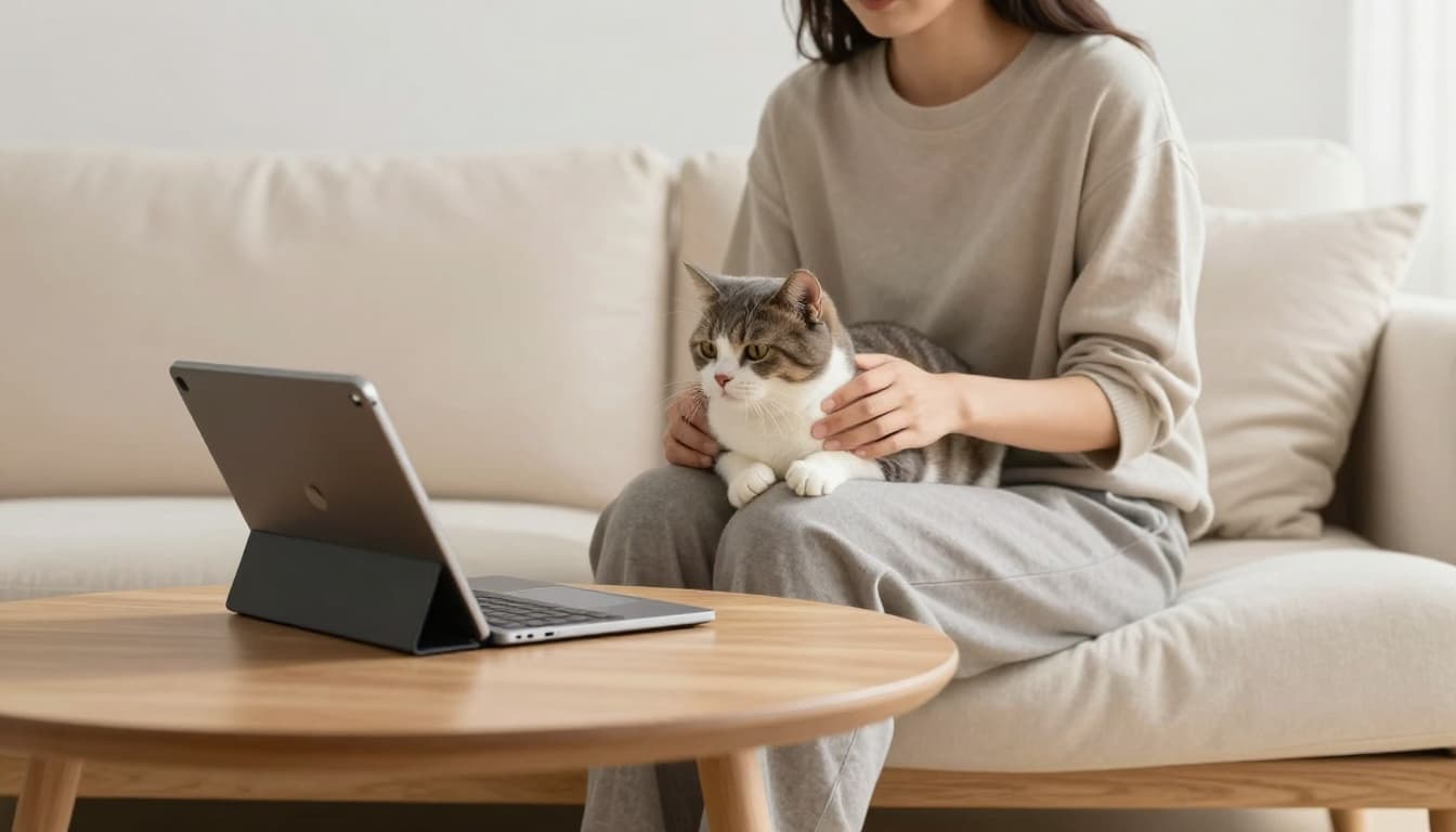 In a luminous Scandinavian living room with minimalist neutral tones and natural light, an elegant person sits on a light wood sofa petting a serene cat, with a tablet nearby displaying a blurred cat insurance quote. The premium realistic photo captures a cozy, calm atmosphere with soft depth of field and clean background.