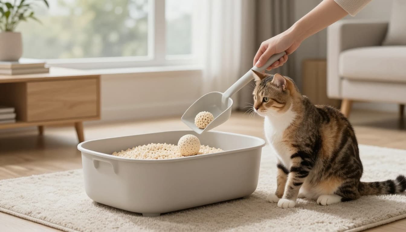 In a bright contemporary Scandinavian living room, a hand uses a scoop to remove a urine clump from a stylish clumping litter box, with a serene cat nearby on a soft rug.