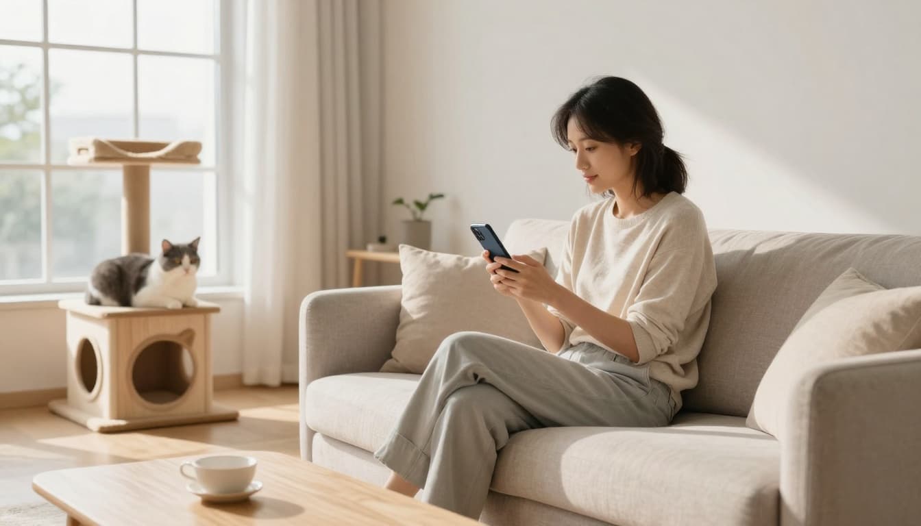 Premium lifestyle photography in a luminous modern Scandinavian living room where a relaxed owner discusses insurance on a smartphone, with a content cat lounging on a premium cat tree.