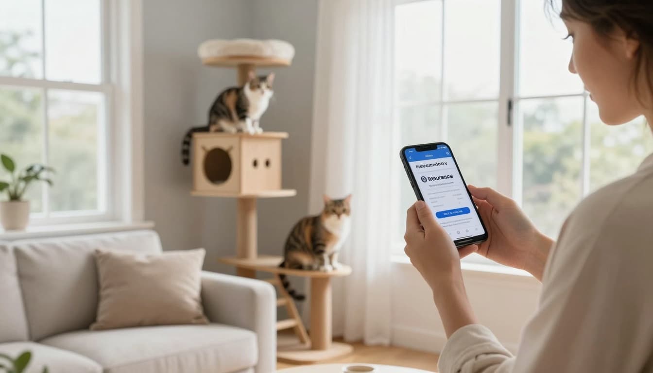 In a luminous modern Scandinavian living room with minimalist decor and natural light, a person stands by a window holding a smartphone to compare insurance quotes, while two playful cats relax on a stylish wooden cat tree in the background.