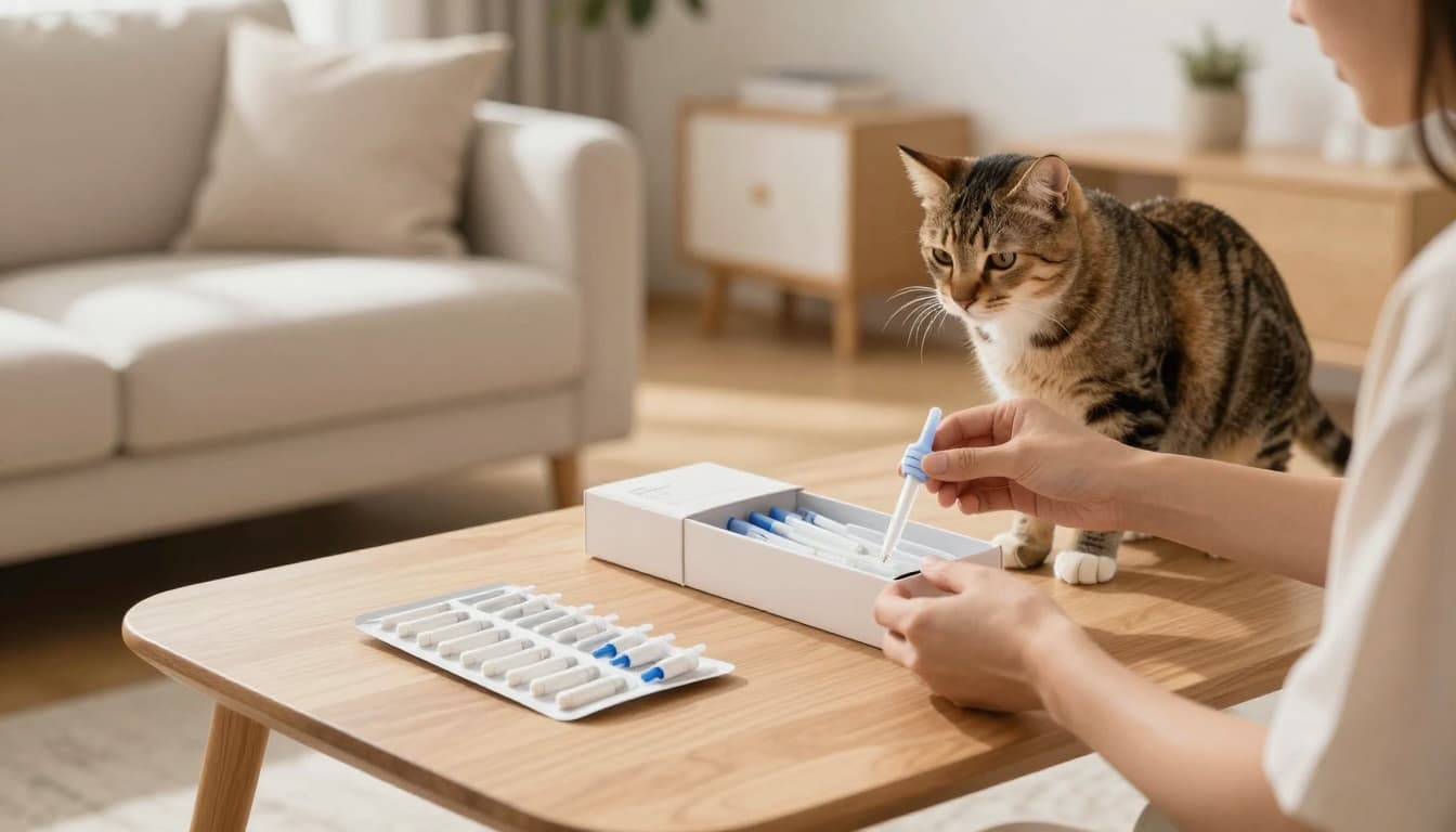 A person unpacks an online delivery box of pet pipettes or tablets in a bright, modern Scandinavian living room with light wood furniture and a beige sofa, while a curious cat sniffs the package. Warm cozy mood with natural shadows and realistic premium lifestyle photo.