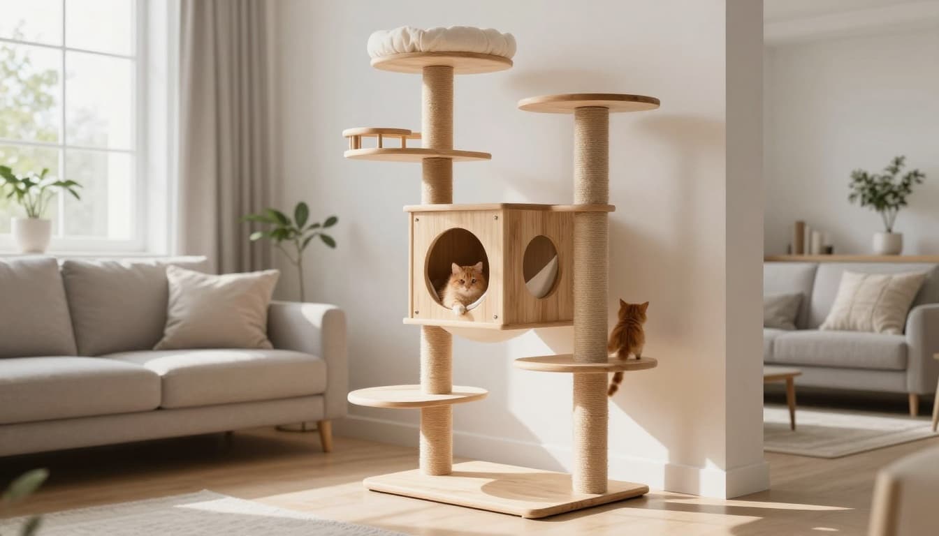 Bright modern Scandinavian living room in a cozy apartment with natural daylight, featuring a large elegant wooden cat tree where a fluffy orange cat relaxes in the hammock and another climbs nearby.
