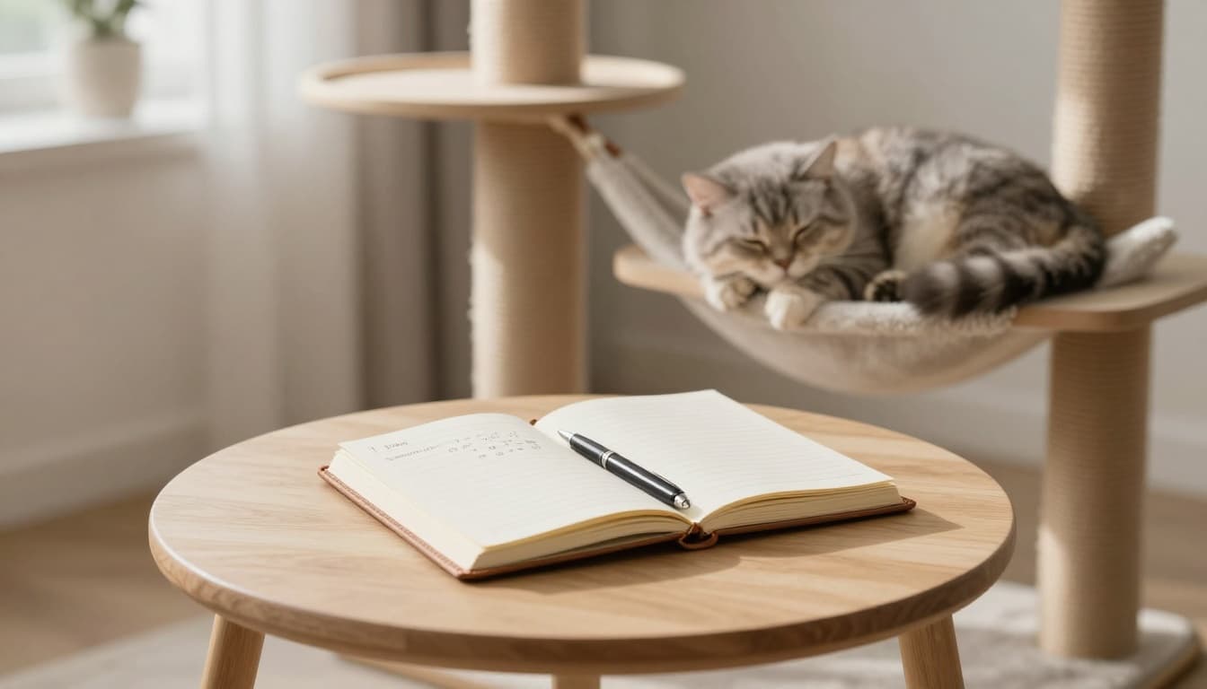 Modern minimalist Scandinavian living room in soft natural light, featuring a fluffy cat asleep on a premium cat tree beside an open leather notebook with handwritten notes on a light wooden side table.