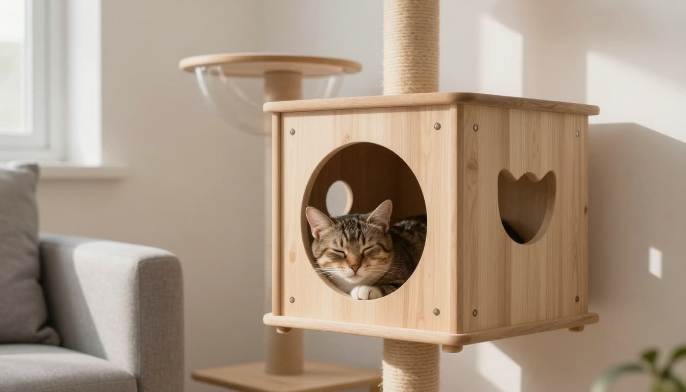 Calm corner of a Scandinavian-style living room bathed in soft natural light features minimalist decor in warm beige, light wood, and gray tones. A cautious cat sleeps securely in an elevated nook of a robust wooden cat tree, evoking a peaceful and reassuring atmosphere.